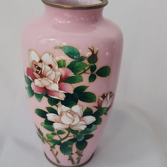 Vintage Pink Floral Cloissone Enamel Vase MCM Japan Coquette - Picture 9 of 12
